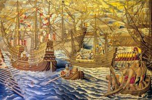 Skipene og barken - Detalj av erobringen av Tunis (Tunisia) - Tapet av Francisco og Cornelius Van der Ggot (1700-tallet), vevd inn i den kongelige billedvevfabrikken, midten av 1700-tallet, etter 1500-tallets billedvev av Willem de Pannemaker - (Tun av Francisco Ignacio Vandergoten Canyuwell