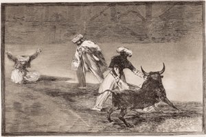 Tyrefekting: Maurerne spiller kappen med en annen okse i en innhegning av Francisco de Goya