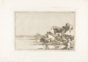 Fryktelige hendelser på de første radene i ringen i Madrid, og borgmesteren i Torrejóns død, plate 21 fra The Art of Bullfighting av Francisco Jose de Goya y Lucientes