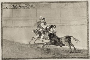 GOYA Y LUCIENTES, Francisco de (1746-1828). En spansk ridder i ringen bryter korte spyd uten hjelp fra assistenter. 1816. Etsning. SPANIA. MADRID (AUTONOMT FELLESSKAP). Madrid. Nasjonalbiblioteket av Francisco Jose de Goya y Lucientes