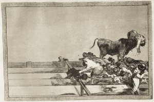 GOYA Y LUCIENTES, Francisco de (1746-1828). Forferdelige hendelser på de første radene i ringen i Madrid og borgmesteren i Torrejons død i 1801. 1816. Plate 21 av «The Art of Bullfighting». Etsing. SPANIA. MADRID (AUTONOMT FELLESSKAP). Madrid. nasjonal av Francisco Jose de Goya y Lucientes
