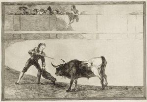 GOYA Y LUCIENTES, Francisco de (1746-1828). Pedro Romero dreper den stoppede oksen. 1816. (25,1 x 35,9 cm). ROMERO, Pedro (1754-1839). Spansk tyrefekter. Plate 30 av «Kunsten å tyrefekting». Etsing. SPANIA. MADRID (AUTONOMT FELLESSKAP). Madrid. nasjonal av Francisco Jose de Goya y Lucientes