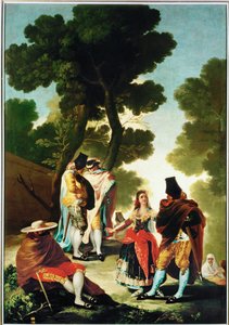 Maja og de kappekledde mennene - Maja og de kappekledde mennene, tegneserie til billedteppet 40-06-09/42 … (maleri på lerret) av Francisco Jose de Goya y Lucientes