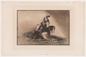 Plate 10 fra La Tauromaquia: Charles V Spyde en okse i ringen ved Valladolid, 1816, trykt 1876 (Etsing og akvatint på lagt papir) av Francisco Jose de Goya y Lucientes
