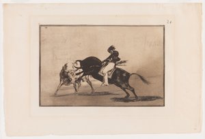 Plate 24 fra La Tauromaquia: The Same Ceballos montert på Another Bull Breaks Korte spyd i ringen i Madrid av Francisco Jose de Goya y Lucientes