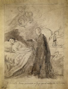 Saint Francois (Francis) Borgia (1510-1578) ved sengen til en døende ubotferdig. Tegning 1788, av Francisco de Goya y Lucientes (1746-1828). Skisse til maleriet med samme tittel bestilt av Ausuna-familien. Prado-museet, Madrid.
