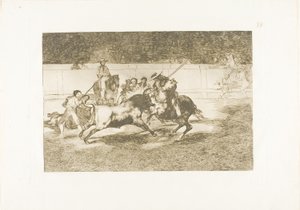 The Forceful Rendón Stabs a Bull with the Pique, from which Pass He Died in the Ring at Madrid, plate 28 fra The Art of Bullfighting av Francisco Jose de Goya y Lucientes