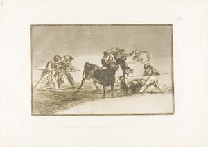 Maurerne bruker esler som en barriere for å forsvare seg mot oksen hvis horn er tippet med baller, plate 17 fra The Art of Bullfighting av Francisco Jose de Goya y Lucientes