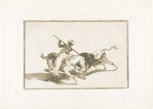 The Spirited Moor Gazul er den første som spyr okser i henhold til regler, plate fem fra The Art of Bullfighting av Francisco Jose de Goya y Lucientes