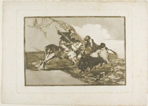 Måten de gamle spanjolene jaktet okser på til hest i det åpne landet, tallerken en fra The Art of Bullfighting av Francisco Jose de Goya y Lucientes