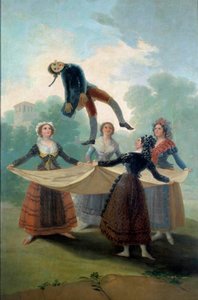 Unge kvinner dukke kaster opp i luften med en klut en filledukke. Maleri av Francisco de Goya (1746-1828) 1792, søn. 1,6x2,67 m Madrid, Musee du Prado - The Puppet. Unge jenter kaster opp en filledukke med et laken. Maleri av Francisco de Goya (1746-1828 av Francisco de Goya