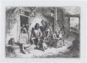 Plate 10: to figurer som danser, en annen sittende og spiller tromme, fra tollserien ..., 1850.