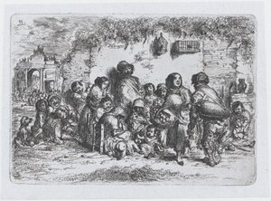 Plate 11: en gruppe mennesker utendørs, fra serien av skikker og tidsfordriv fra Spania..., 1850.