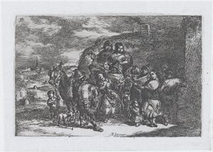 Plate 13: en gruppe mennesker utendørs inkludert muligens musikere, fra serien av cust..., 1850.