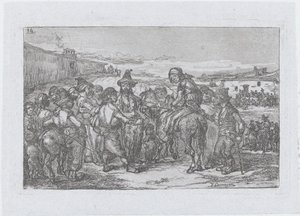 Plate 14: en stor gruppe mennesker utendørs, muligens en gruppe skuespillere, fra serien o..., 1850.