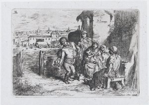 Plate 16: en gruppe mennesker utendørs, inkludert en mann som skjenker vin eller vann fra et kar ..., 1850.
