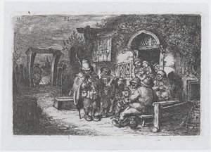 Plate 18: gatemusikanter og andre skikkelser utenfor en taverna, fra tollserien ..., 1850.