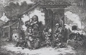 Plate 19: en familie og en gutt som leker med en hund utenfor et hus, fra serien av custom..., 1850.