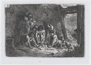 Plate 8: en gruppe figurer hvorav noen spiller et spill, fra serien av toll og..., 1850.