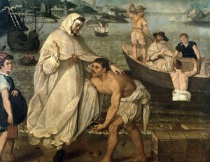 Saint Peter Nolasque (1189-1256) legger ut for å frigjøre kristne fanger holdt som gisler av mauriske pirater for å bli solgt som slaver i Afrika (maleri)