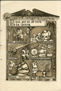 Illustrasjon av Francisco Sancha Lengo (1874-1936) - Flyvende blad, ca. 1915 - Det onde som ikke kan kureres er galskap - Krigen 14 -18, Tyskland Preussen, Asphixiant gass, spansk språk, utenlandsk presse av Francisco Sancha y Lengo