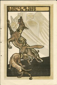 Illustrasjon av Francisco Sancha Lengo (1874-1936) - Flyvende blad, ca. 1915 - A carne de lobo diente de perro - War of 14 -18, Tyskland Preussen, England Storbritannia, krigerister og symboler, Frankrike, spansk språk, utenlandsk presse - Vilhelm II, Hund av Francisco Sancha y Lengo