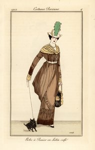 Kvinne i kurvkjole i kaffefarget sateng med hund, etsning fra Tommaso Antonginis Journal des Dames et des Modes, Aux Bureaux du Journal des Dames, Paris