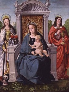 Madonna og barn med St. Catherine og St. John the Evangelist, ca. 1530-40 (panel) av Francisco de (attr. to) Comontes