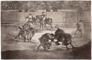 Tyrefekting: en tyrefekter går inn på arenaen for å drepe oksen med en hatt i stedet for multe av Francisco de Goya
