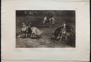 Tyrefekter: En tyrefekter montert på skuldrene til en assistent, spydende en okse av Francisco de Goya