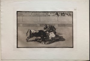 Bullfights: A Picador is Unhorsed and Falls Under the Bull av Francisco de Goya