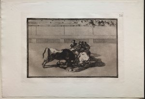 Bullfights: A Picador is Unhorsed and Falls Under the Bull, 1876. av Francisco de Goya
