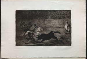 Tyrekamp: En spansk ridder som bryter korte spyd med hjelp av assistenter, 1876. av Francisco de Goya
