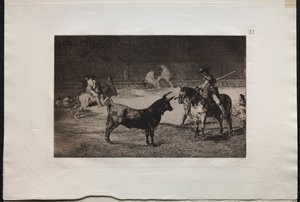 Bullfights: The Celebrated Picador, Fernando del Toro, Draws the Fierce Beast on with his Pique av Francisco de Goya
