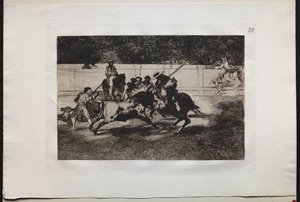Bullfights: The Forceful Rendon Stabs a Bull with the Piqué, fra hvilket pass han døde i ringen ved Madrid av Francisco de Goya