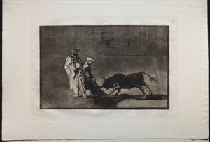 Bullfights: The Moors Make a Different Play in the Ring Calling the Bull with the Burnous, 1876. av Francisco de Goya