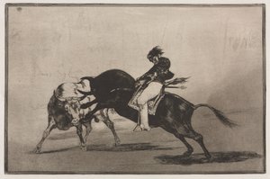 Tyrekamp: Den samme Ceballos montert på en annen okse bryter korte spyd i ringen i Madrid av Francisco de Goya