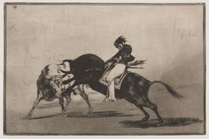Bullfights: The Same Ceballos montert på Another Bull Breaks Short Spears in the Ring, 1876. av Francisco de Goya