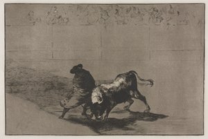 Bullfights: The Very Skilful Student of Falces, Wrapped in his Cape, Tricks the Bull..., 1876. av Francisco de Goya