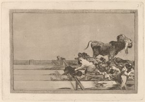 Skam som skjedde ved leggingen av Madrid-plassen og døden til borgermesteren i Tor rejon (Fryktelige hendelser i de fremste radene av ringen i Madrid og borgmesterens død i Torrejon) av Francisco de Goya