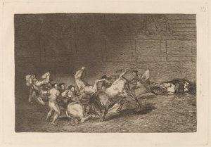 To lag med Picadorer kastet etter hverandre av en enkelt okse av Francisco de Goya