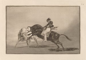 Den samme Ceballos montert på en annen okse bryter Rejones på Plaza de Madrid (De samme Ceballos montert på en annen okse bryter korte spyd i ringen i Madrid) av Francisco de Goya