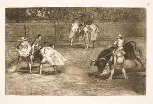 En tyrefekter, som sitter på skuldrene til en assistent, sperrer en okse av Francisco de Goya