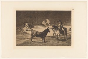 Fernando del Toro daagt en stier ut Den berømte Fernando del Toro, barilarguero, tvinger dyret med stangen sin Stierengevechten (serietittel) La Taureamachie (serietittel) Tyrefekting (serietittel) av Francisco de Goya