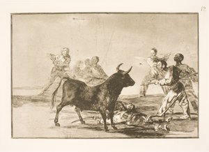 Folket stikker oksen med lanser, sigd, banderillaer og andre våpen av Francisco de Goya