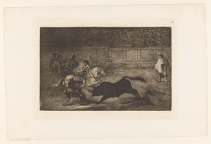 Mann på hesteryggen stikker lansen inn i en okse Un cavalier espagnol brisant des 'rejoncillos' avec l'aide des chulos Tyrekamp (serietittel) La Taureaumachie (serietittel) La Tauromaquia (serietittel) av Francisco de Goya