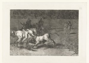 Mariano Ceballos doodt en stier Madriano Ceballos, alias El Indio, dreper oksen fra hesten sin Tyrefekting (serietittel) Stierenvechten (serietittel) av Francisco de Goya