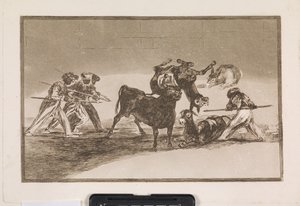 Maurerne bruker esler som en barriere for å forsvare seg mot oksen, hvis horn er utstyrt med kuler av Francisco de Goya