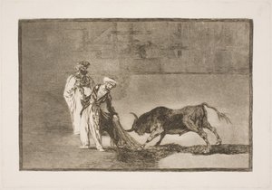 Maurerne på arenaen strekker seg langt for å tiltrekke seg oksen ved hjelp av brenningen av Francisco de Goya