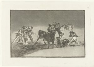 Maurer og esler kjemper mot en okse Palenque de los Moros hecho con burros para defenderse del toro embolado La Tauromaquia (serietittel) Tyrefekting (serietittel) av Francisco de Goya